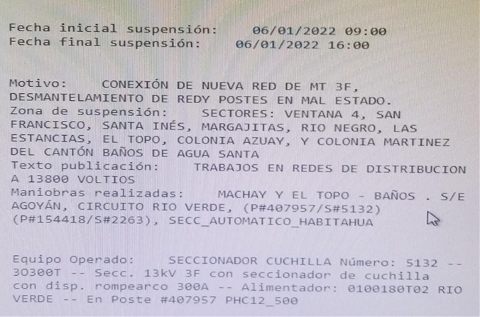 COMUNICADO POR CORTE DEL SERVICIO ELÉCTRICO